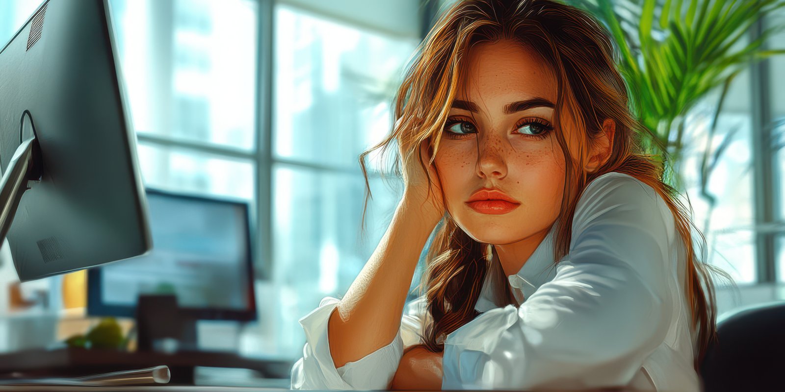 Young professional woman looking thoughtfully out window at modern office during the afternoon